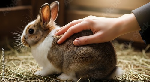 Gentle hand petting a cute bunny rabbit on hay.