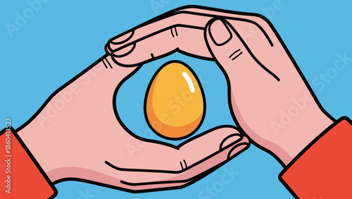 Hands cradling a vibrant yellow egg against a bright blue background illustration