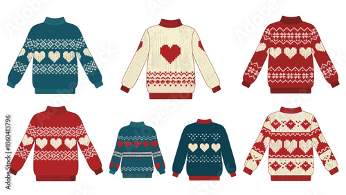 Set of six cozy knitted sweaters in red, blue, and cream, featuring traditional Nordic patterns with hearts, perfect for winter or Valentine's Day.