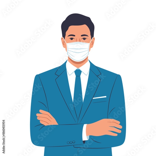 Professional man wearing a protective surgical face mask stands.