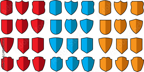 Shield red, blue, yellow, flat design icon set in vintage style. Protection secure lock vector sign. Security and privacy symbol isolated on transparent 