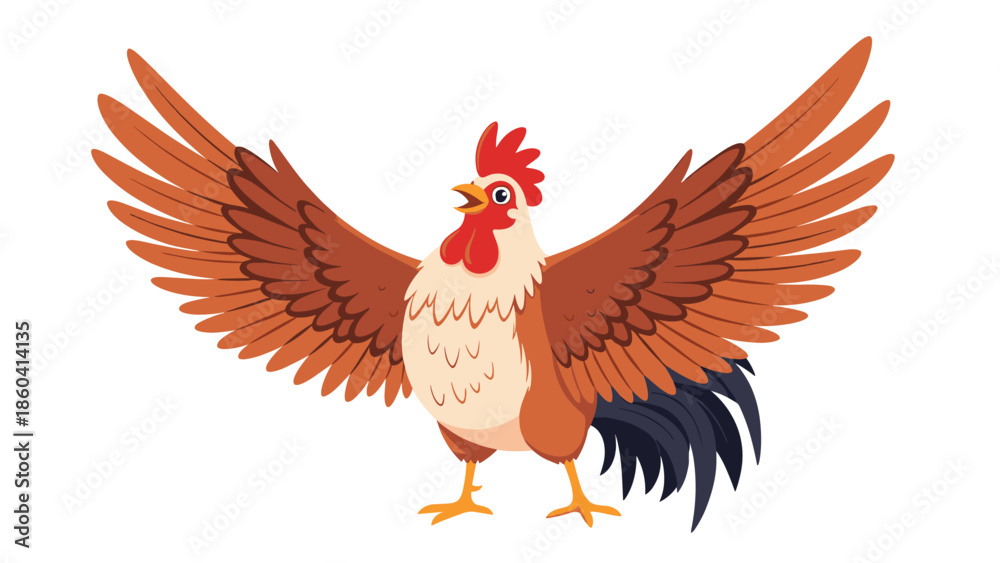 Obraz premium Brown rooster with wide wings spread and a red comb crowing loudly in a vibrant farm animal character illustration.