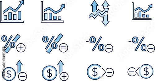 Collection of Upward and Downward Trend Graphs, Percentage Changes, and Financial Growth Icons Representing Business and Economy