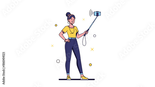 Young woman taking a selfie with a smartphone and a selfie stick while standing in a trendy outfit on a white background.