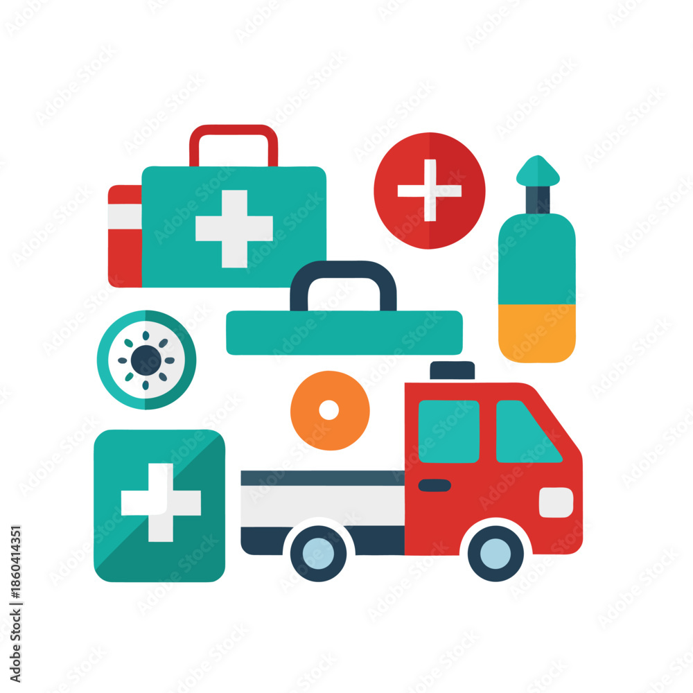 Obraz premium First aid and emergency medical icons. Ambulance, cross, CPR, emergency kit.