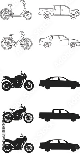Collection of Transportation Icons and Silhouettes Including Cars, Motorcycles, and Bicycles for Design