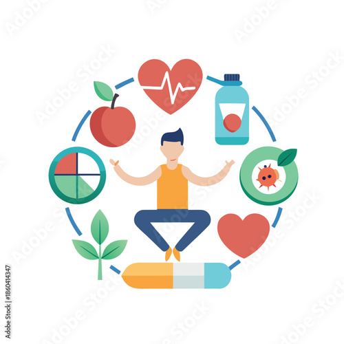 Fitness and wellness healthcare icons. Yoga, heart health, healthy lifestyle.
