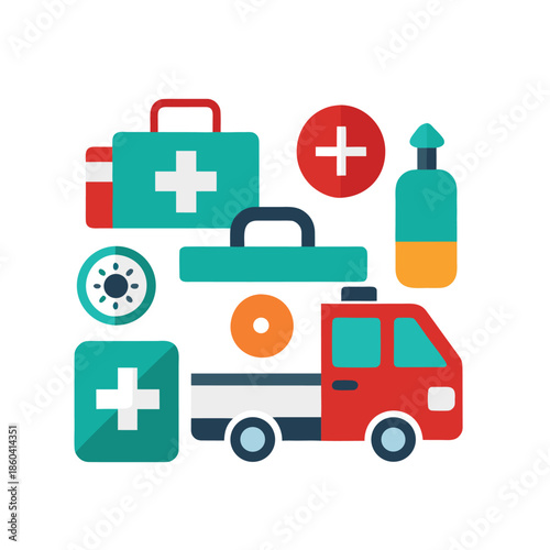 First aid and emergency medical icons. Ambulance, cross, CPR, emergency kit.
