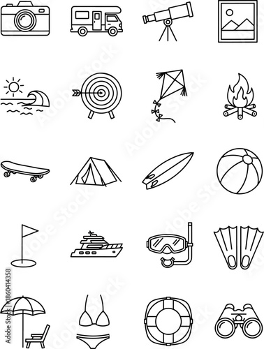 Collection of Summer Vacation and Outdoor Activity Icons Featuring Camera, Camper Van, Telescope, Beach Items, and More
