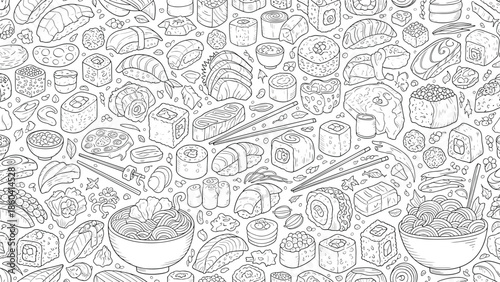 Intricate black and white doodle pattern featuring various types of sushi rolls sashimi and ramen bowls in a dense collage.