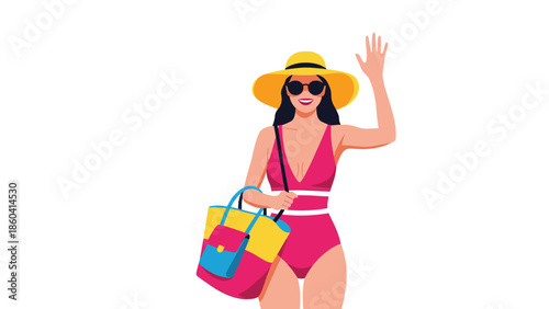Fashionable woman in a pink swimsuit and yellow sun hat waving while carrying a colorful beach bag for summer vacation.