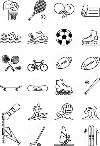 Collection of Sports Icons Featuring Basketball, Tennis, Swimming, Soccer, Hockey, and More Vector Graphics