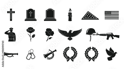 Collection of black silence military and memorial icons silhouette vector on whit background