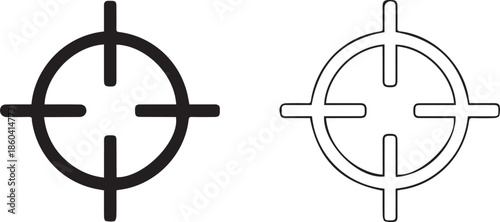 A black silhouette and white line art vector of a crosshair or target reticle. The minimalist design features a central circle intersected by four perpendicular lines.