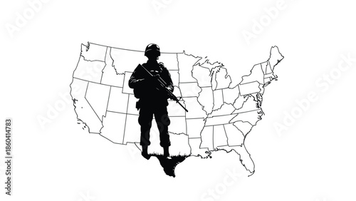Military soldier silhouette with map of united states silhouette vector on whit background