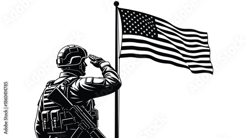 Soldier saluting american flag in black and white silhouette vector on whit background