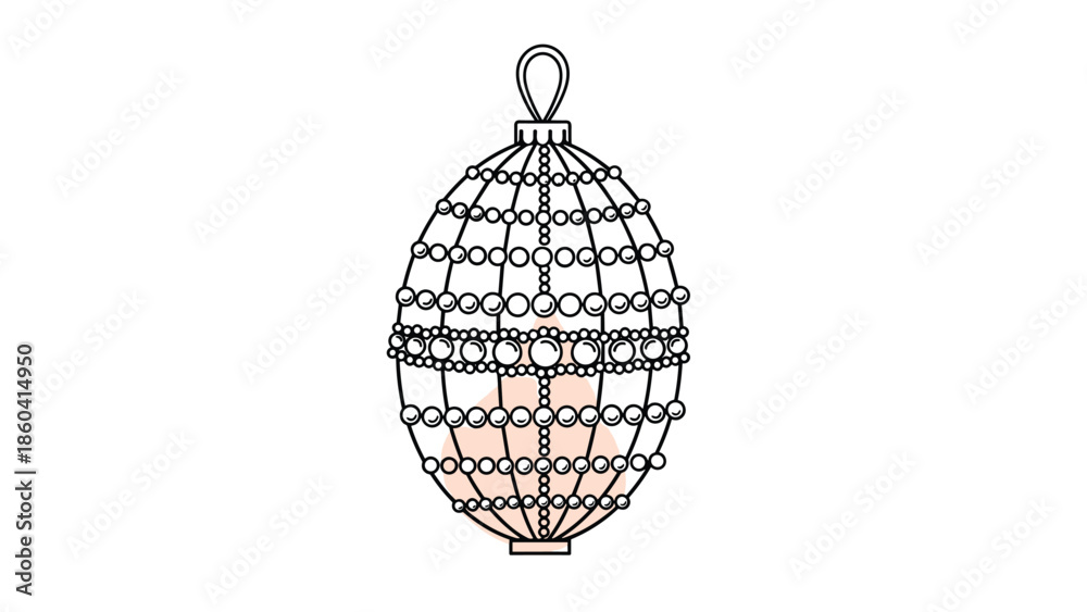 Obraz premium An elegant, oval-shaped Christmas ornament with a beaded lattice design, illustrated in a delicate line art style with a soft pink watercolor splash.