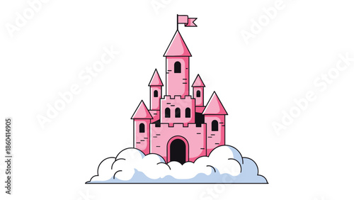 A magical pink fairytale castle with tall towers and a flag, sitting on a fluffy white cloud, illustrated in a cute and simple cartoon style.