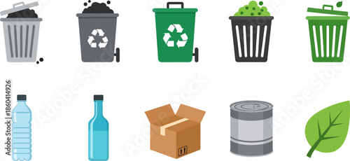 Collection of recycling bins, trash cans, plastic bottles, cardboard box, tin can and leaf icons symbolizing eco friendly waste management and sustainability