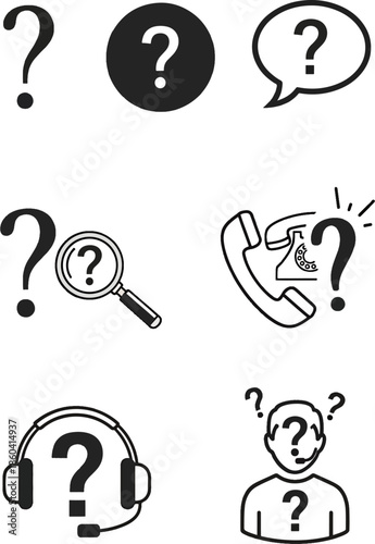 Collection of question mark icons representing inquiries, confusion, problems, and seeking solutions or information