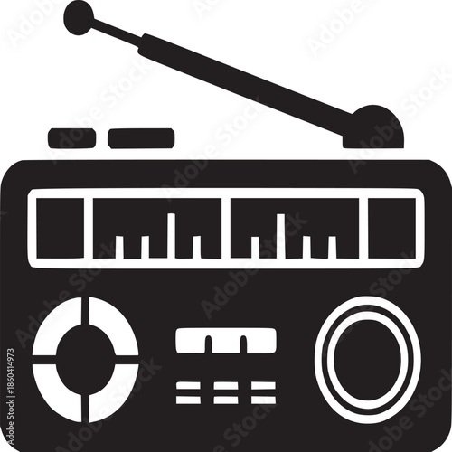 Isolated black and white illustration of a retro radio with antenna on a plain white background
