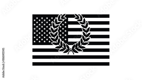 Stylized american flag with wreath design in monochrome silhouette vector on whit background