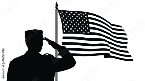 Silhouette of a soldier saluting with an american flag silhouette vector on whit background