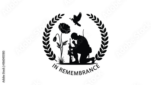 Silhouette of child with flower and bird in memorial design silhouette vector on whit background