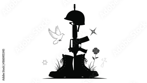 Silhouette of military helmet and boots with doves silhouette vector on whit background