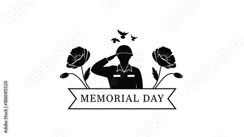 Memorial day salute with soldier silhouette and flowers silhouette vector on whit background