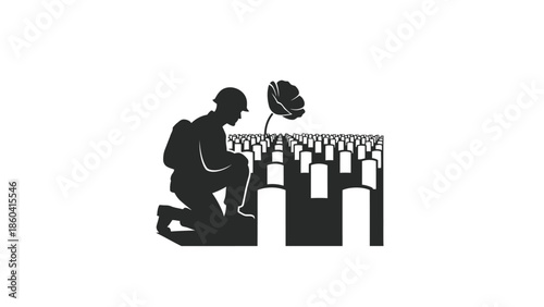 Silhouette of a person kneeling with a flower in a field silhouette vector on whit background