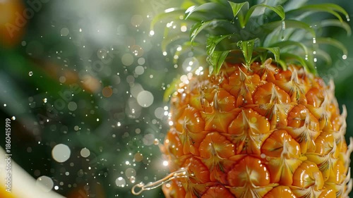 pineapples in water drops close-up. Selective focus