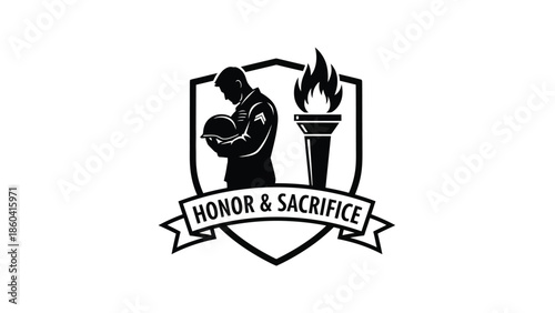 Honor and sacrifice emblem with shield and torch in black silhouette vector on whit background