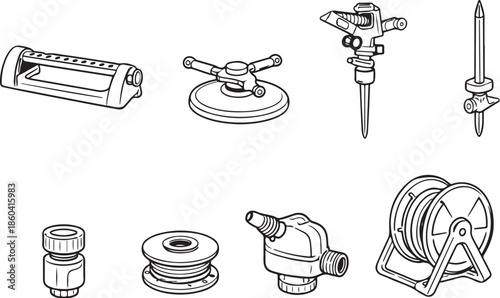 Sprinklers and Hose Accessories Line Art Vector Bundle.eps