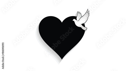 Black heart with white dove symbolizing love peace and hope silhouette vector on whit background