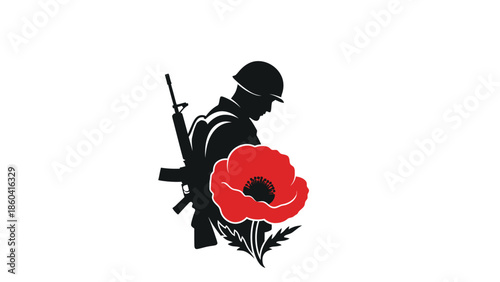 Silhouette of soldier with poppy flower symbolizing silhouette vector on whit background