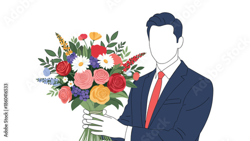 A minimalist illustration of a faceless man in a dark suit and red tie holding a large, colorful bouquet of beautiful flowers.