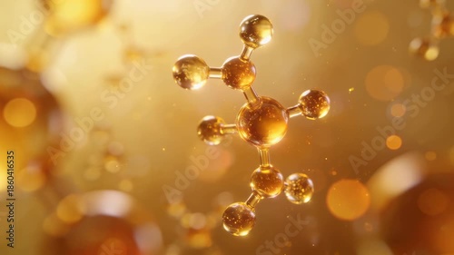 Coenzyme Q10 glowing molecular spheres in warm gold tones, premium antioxidant skincare concept.