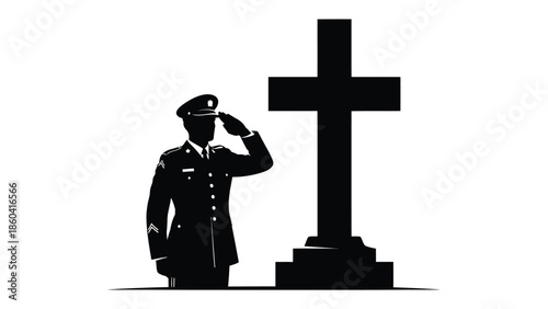 Military salute of soldier standing next to a cross silhouette vector on whit background