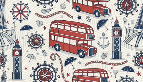London transport pattern with double decker bus and clock tower