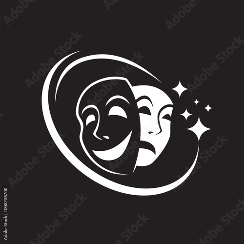 icon of comedy and tragedy theatrical masks isolated on black background