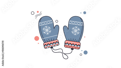 A charming cartoon illustration of a pair of blue winter mittens decorated with white snowflakes, connected by a thin black string.