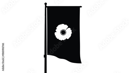 Black flag with white poppy flower symbol on pole silhouette vector on whit background