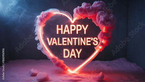 Happy Valentine's Day neon heart with smoke and pink light