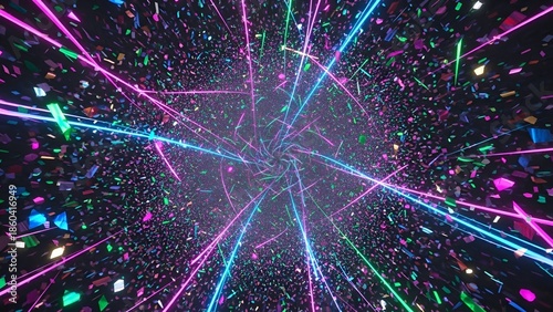 Abstract cosmic celebration background with colorful confetti and vibrant light streaks