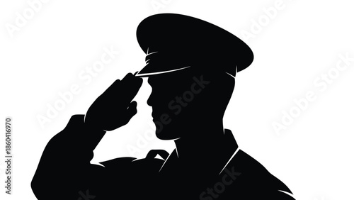 Silhouette of military officer saluting with hat on sky silhouette vector on whit background