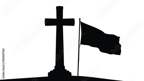 Silhouette of cross and flag on monument with shadow effect silhouette vector on whit background