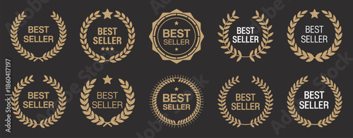 Best seller award badge set including laurel wreath emblems, top product labels, and best seller icons suitable for marketing graphics, promotional materials, and e commerce branding projects.