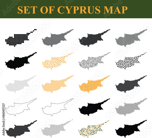 Collection of various styled maps representing the island of Cyprus illustrated with diverse graphic designs including dotted patterns and solid shapes featuring multiple color variations and outlines