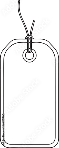 A minimalist black and white vector outline of a blank rectangular hang tag. The clean design features rounded corners, a reinforced circular eyelet, and a thin string loop at the top.